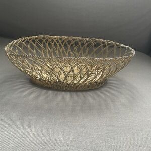VTG MCM Woven Wire Basket Decorative Bread Fruit Boho Oval 12x7.5" 3" Height